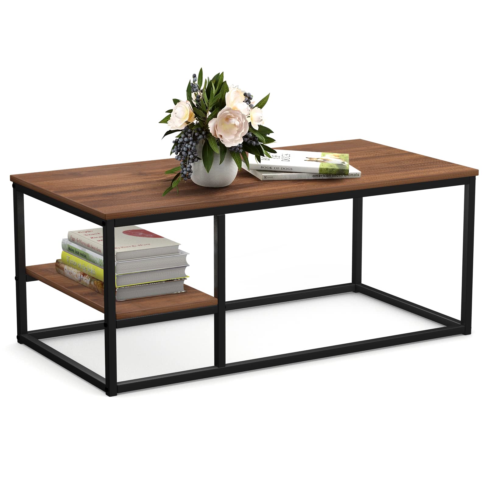 VOWNER Tavolino, Tavolo da Salotto, Tavolino con Struttura e Ripiano in Acciaio, Design Industriale, Stile Scandinavo, Facile da Montare, Tavolino da Divano in Legno, Colore Noce