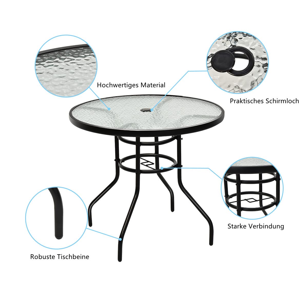 GYMAX Gartentisch rund 80 cm, Balkontisch klein mit Schirmloch, Beistelltisch Outdoor Wetterfest mit Glasplatte & Metallgestell, Terrassentisch für Balkon & Garten