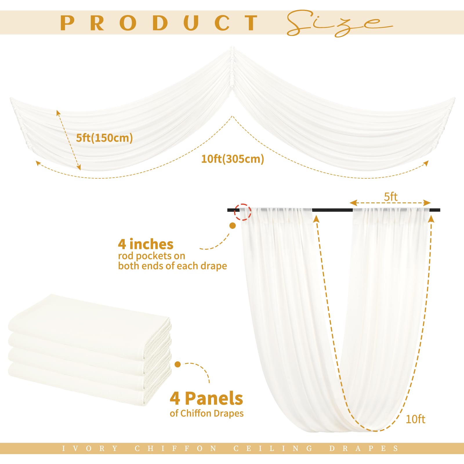 Lot de 4 rideaux de plafond en mousseline de soie transparente pour mariage, plafond, fête, cérémonie, scène, 1,5 x 3 m, ivoire