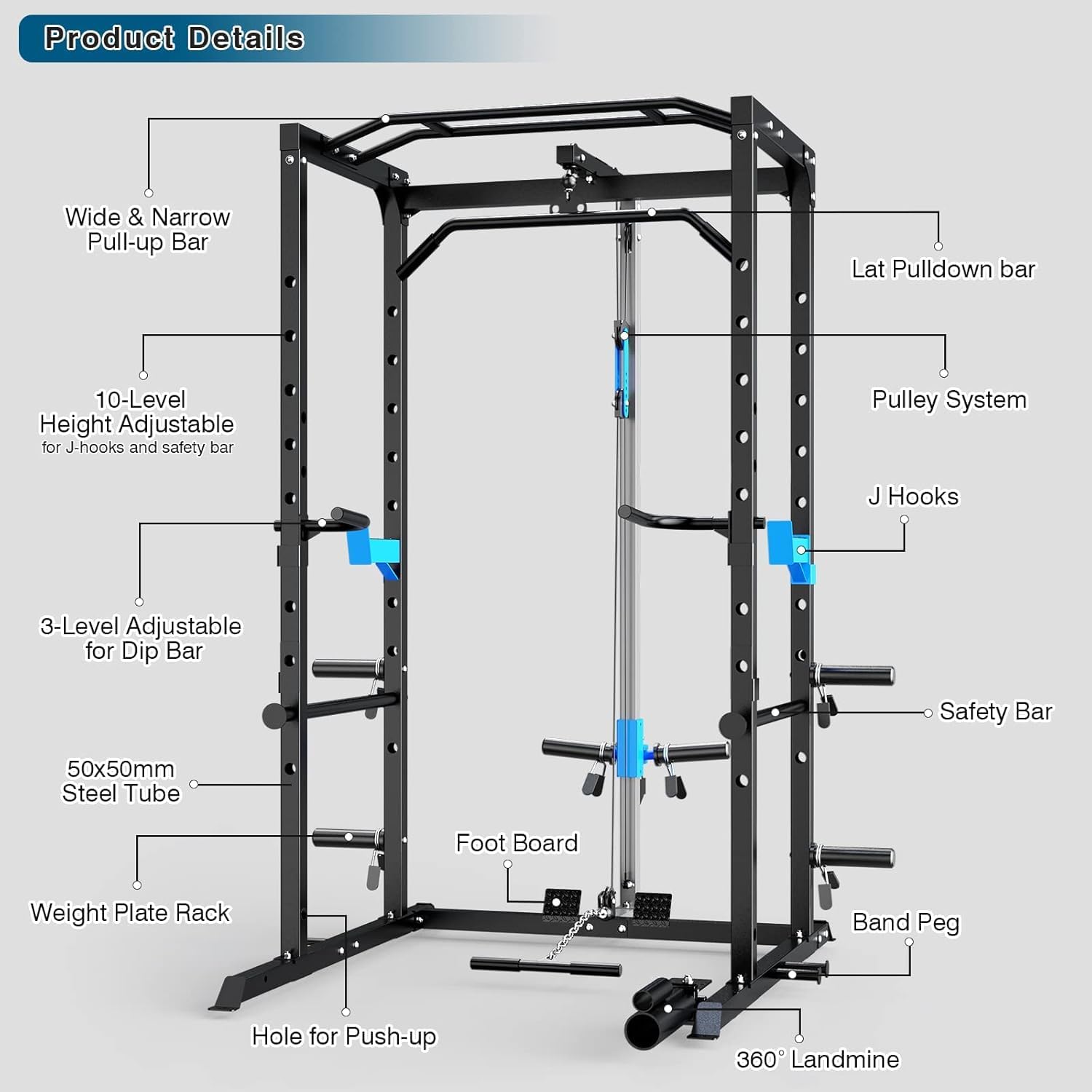ULTRA FUEGO Power Cage, Multi-Functional Power Rack with J-Hooks, Dip Handles, Landmine Attachment and Optional Cable Pulley System for Home Gym