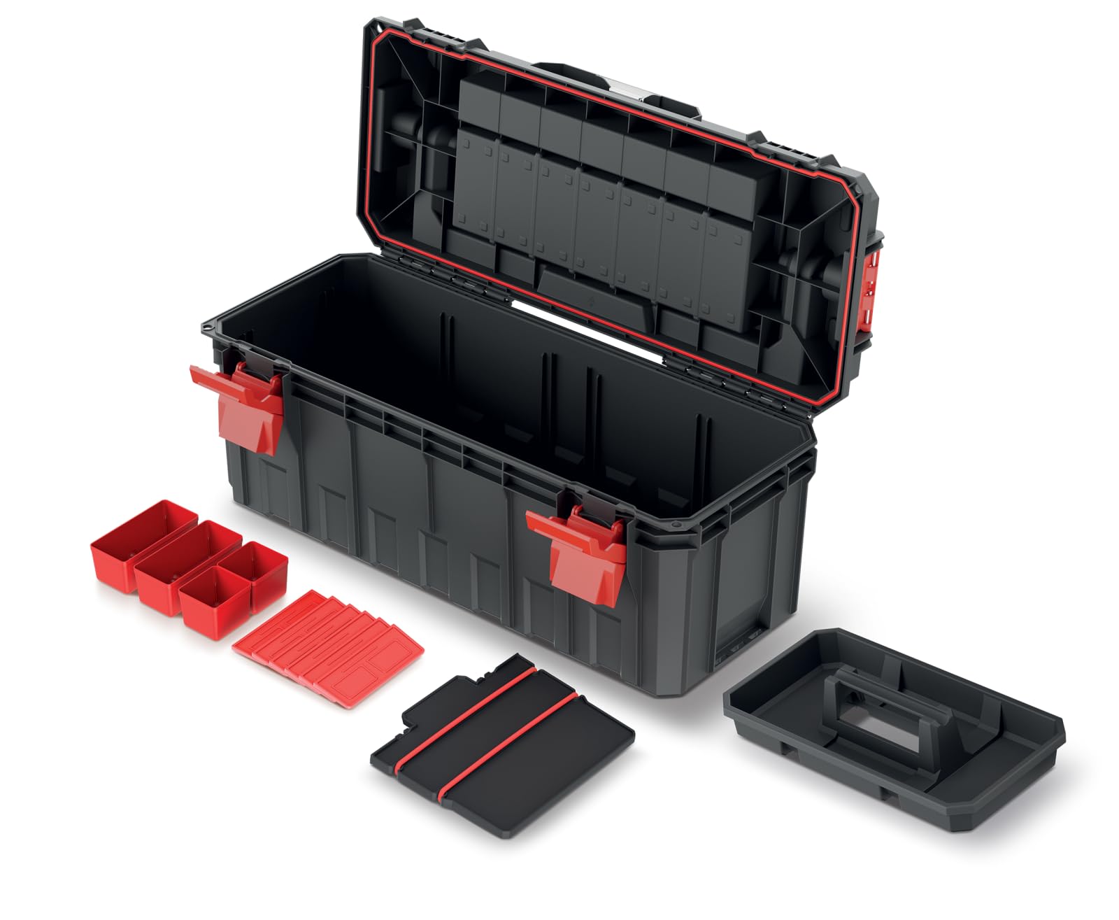 Caja de herramientas con portaherramientas con compartimentos divisorios, mango ergonómico, cierres de sujeción, plástico, 65 x 28 x 31,4 cm