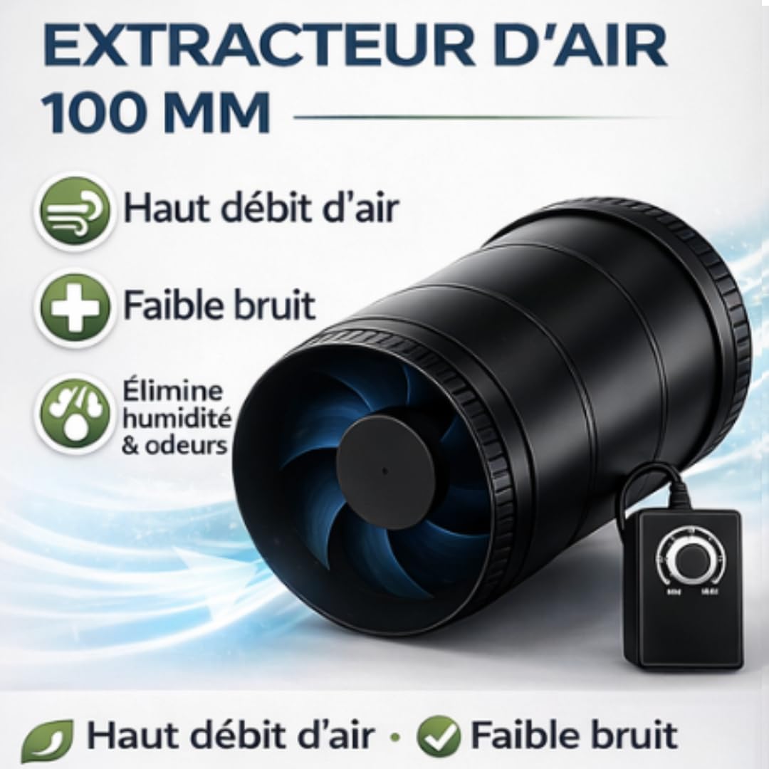 Extracteur d'Air 100 mm avec Variateur – Ventilateur de Gaine Silencieux 6 W, Débit 221 m³/h, pour VMC, Salle de Bain, Cave, Garage, Culture Hydroponique