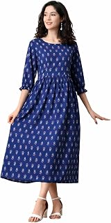 Ichaa Women's Blue Cotton Printed Maternity Dress with Feeding Zips and Pocket| in Plus Sizes Price In India