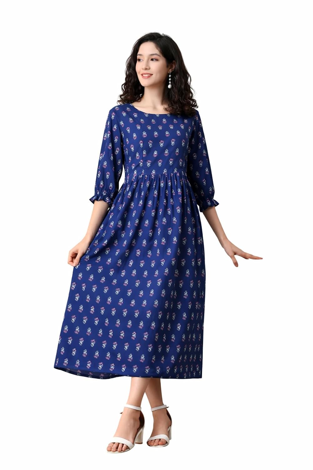 Ichaa Women's Blue Cotton Printed Maternity Dress with Feeding Zips and Pocket| in Plus Sizes