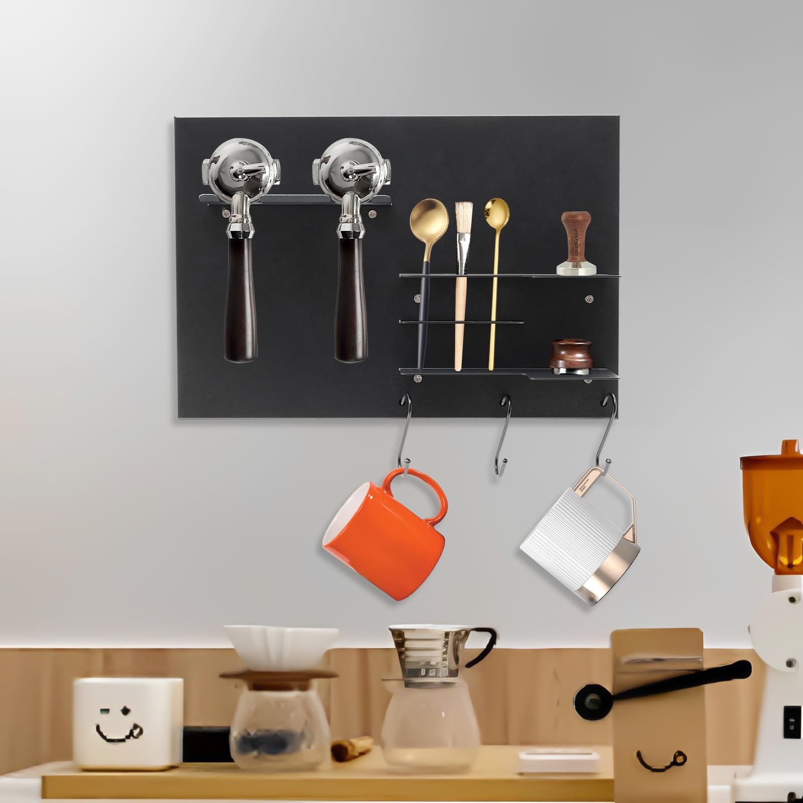 Étagères murales pour outils de café, étagère murale en métal pour la cuisine, support de café, organisateur de cuisine, porte-filtre à expresso, support mural pour bar, maison, bureau, noir