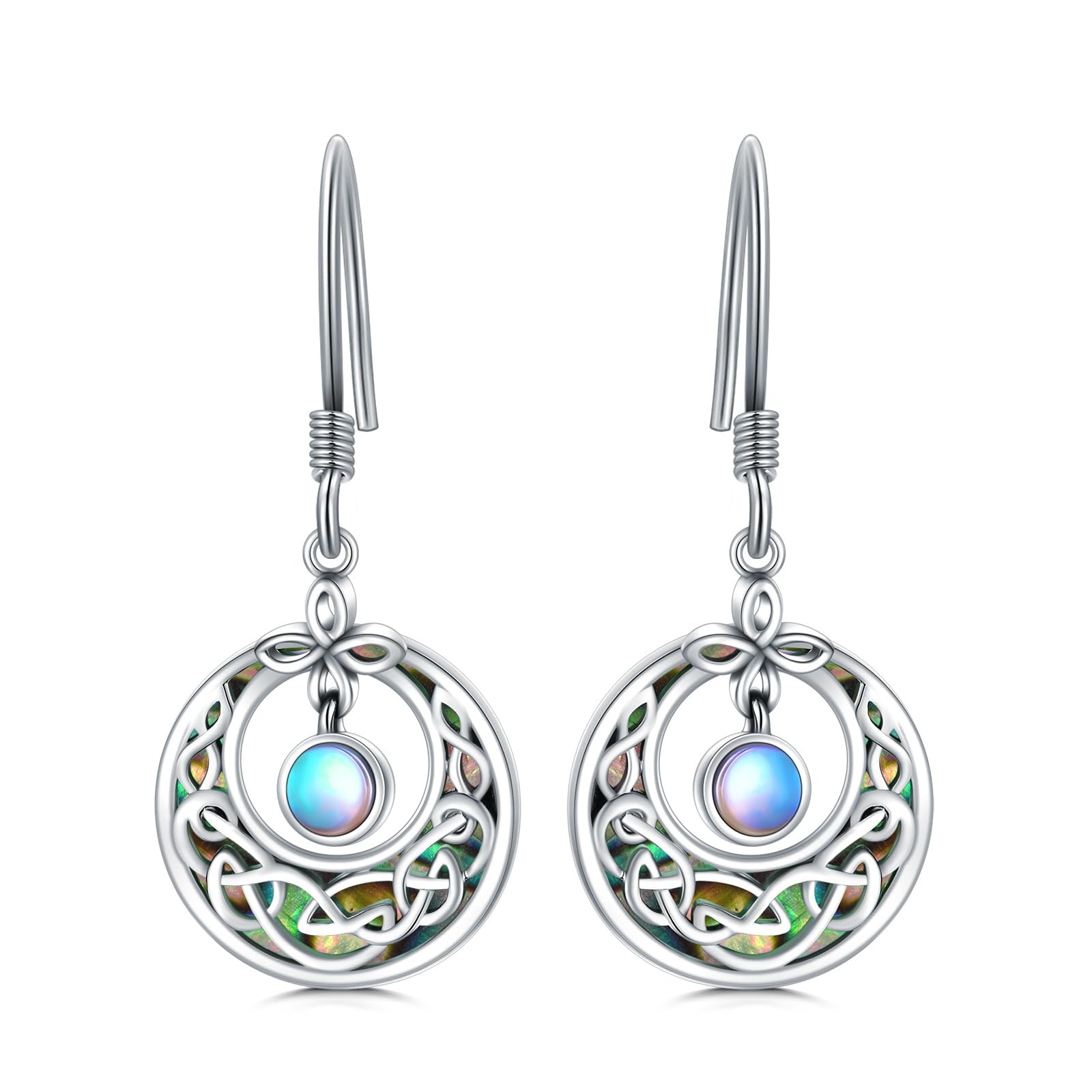 SDOPIR Celtic Moonstone Dangle Earrings 925 Sterling Silver Abalone Moonstone Earrings Celtic Knot Dangle Earrings Good Luck Irish Gifts for Women