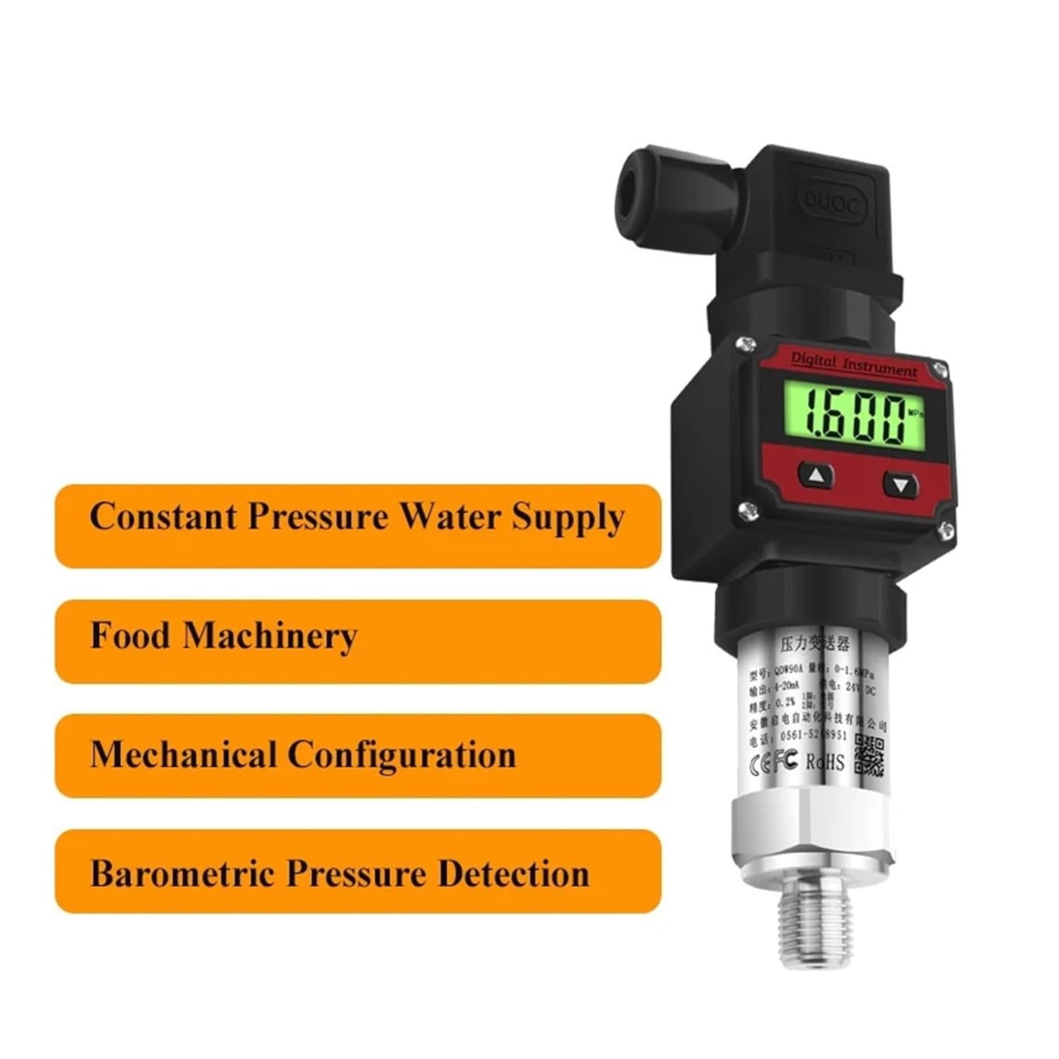 Pressure Sensor LCD Display Pressure Transmitter -1-600BAR Air Water Liquid Oil 0-5V 10V RS485 Pressure Transducer(4-20ma Output,-1-0BAR)