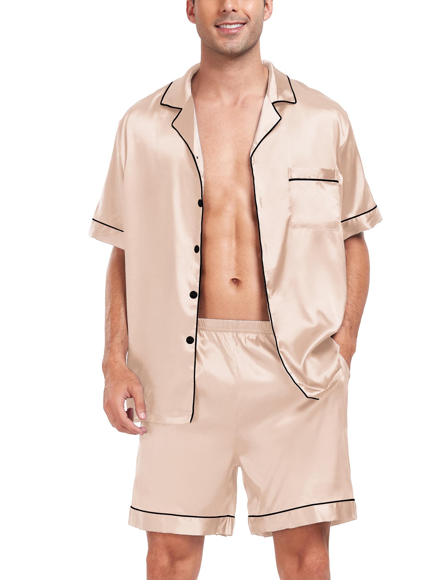 SWOMOG Men Satin Silk Pajamas Sets Short Sleeve Sleepwear Button-Down PJs Sets Two-Pieces Loungewear with Pockets