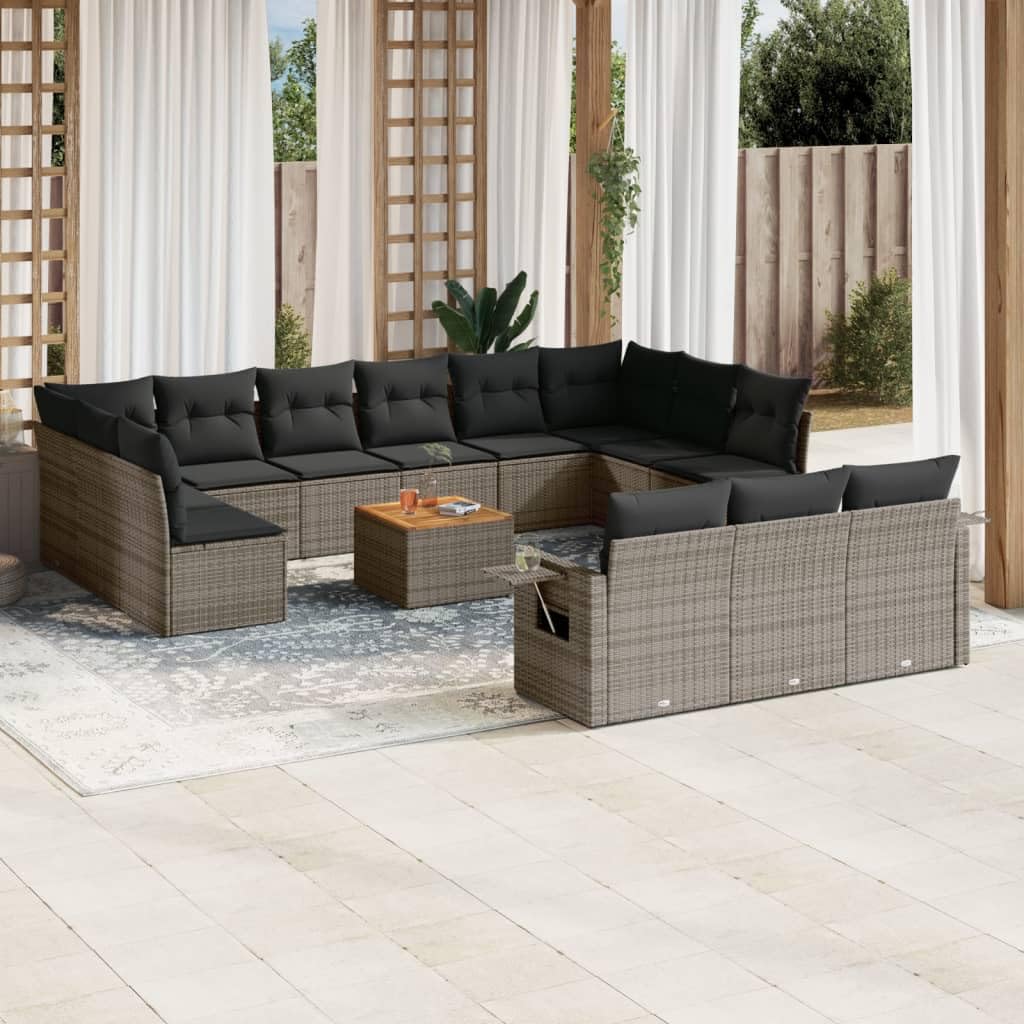 Set da 14 pezzi in polyrattan grigio con cuscini, divano da giardino modulare con ripiani pieghevoli e tavolo in legno di acacia, rivestimenti sfoderabili e lavabili