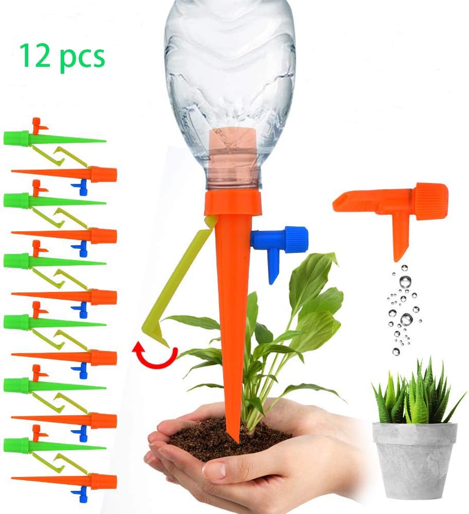 Plant Self Watering Spikes, Plant Watering Device, Plant Waterer with Control Valve Switch, Automatic Vacation Drip Watering Bulbs Globes Stakes System for Indoor Outdoor Plants(12 Pack