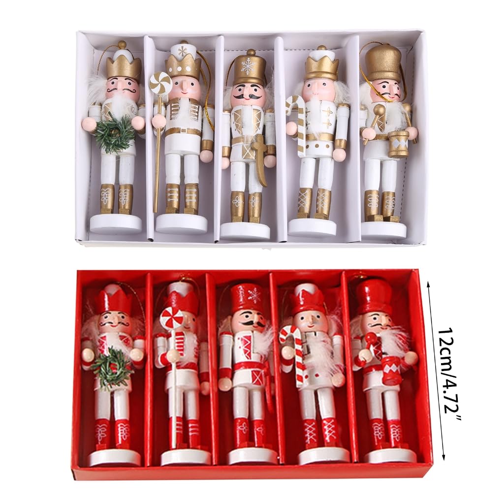 Lot De 5 Figurines Casse-noisette En Bois – Décoration De Noël Vintage, Hauteur 12 Cm, Doré Et Blanc