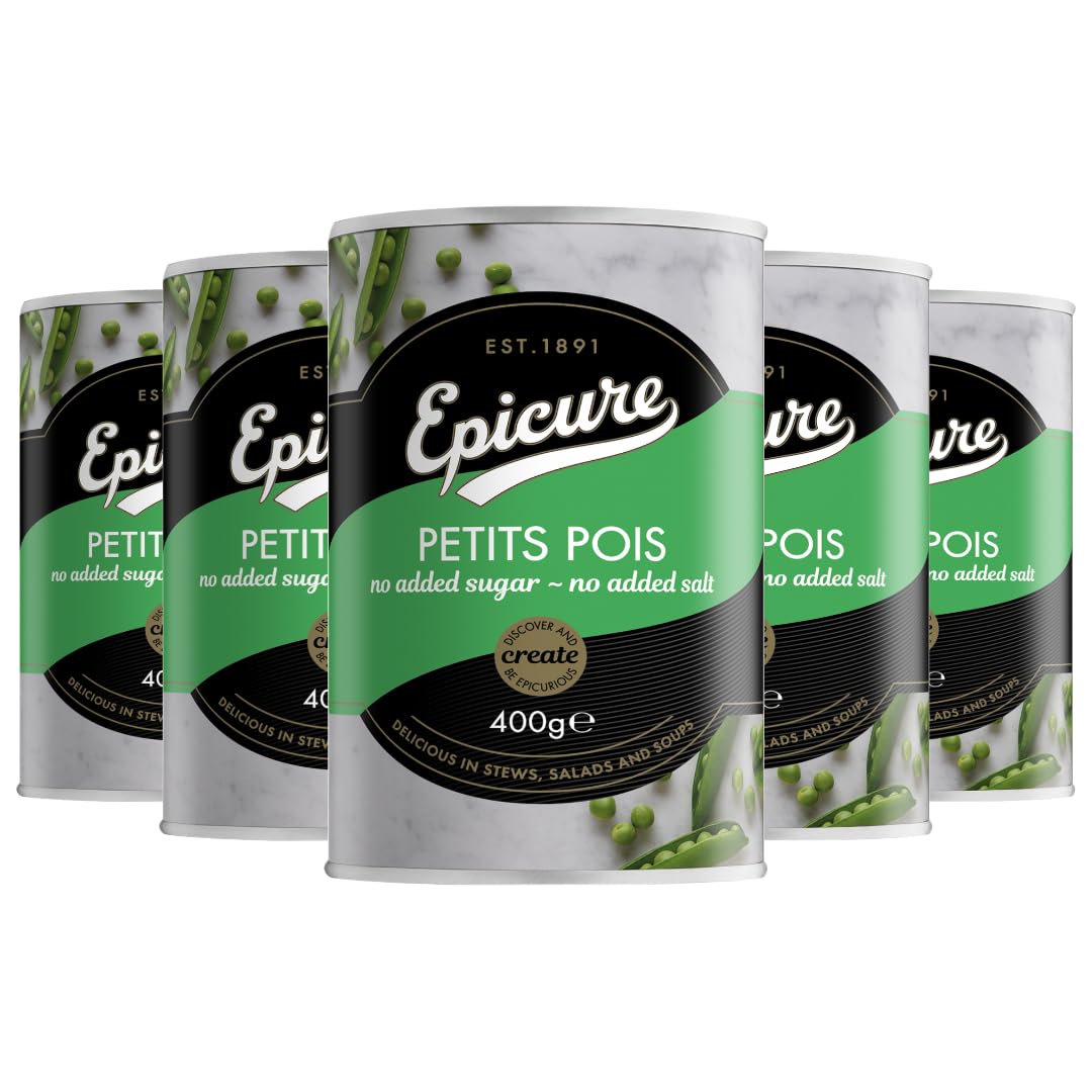Epicure Petits Pois Water No Added Sugar and Salt Premium Tinned Vegetables, Healthy Cooking, 400 g (Pack of 12)