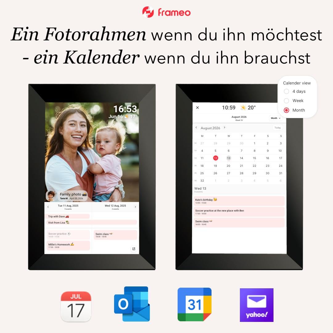 Cytem Cadre photo numérique 10,1" avec Wi-Fi et frameo, anti-reflet, mat, mémoire 32 Go, détecteur de mouvement, image, cadre photo électronique, écran tactile IPS 1280 x 800, noir