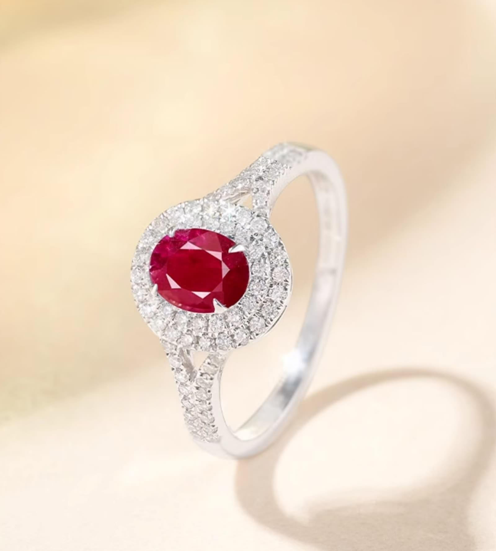 Verlobungsring 9K/14K/18K Weißgold, Rot 0.8ct Rubin Klassiker Solitärring Ovalschliff, Echt Gold Schmuck Moissanit Trauringe Gold 750/585/ 375, Gr.47-70