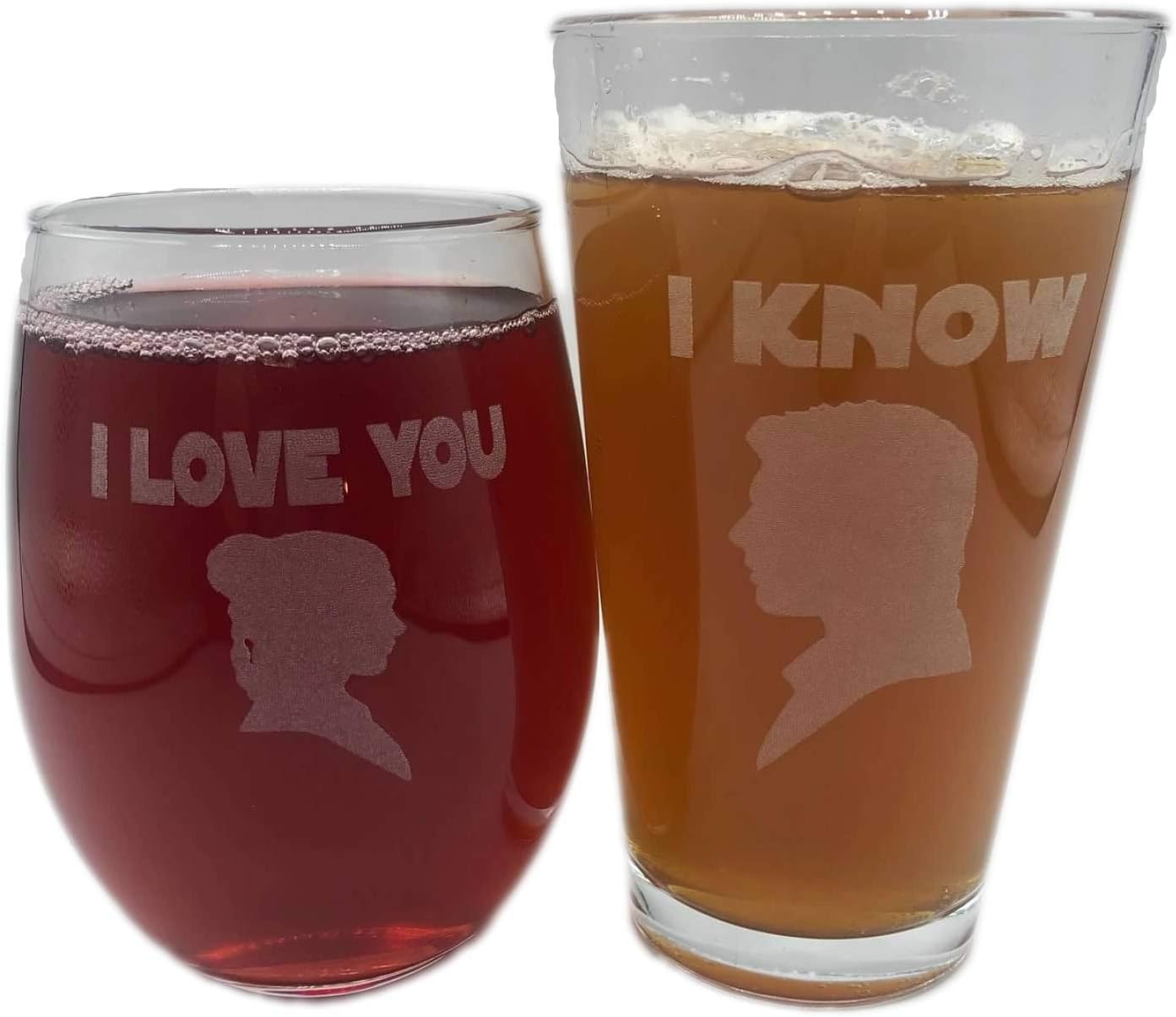 I LOVE YOU I KNOW Valentines Day Wedding Engagement Anniversary Gift His and Her Set Stemless Wine & Pint Glass Engraved Hans Solo Princess Leia