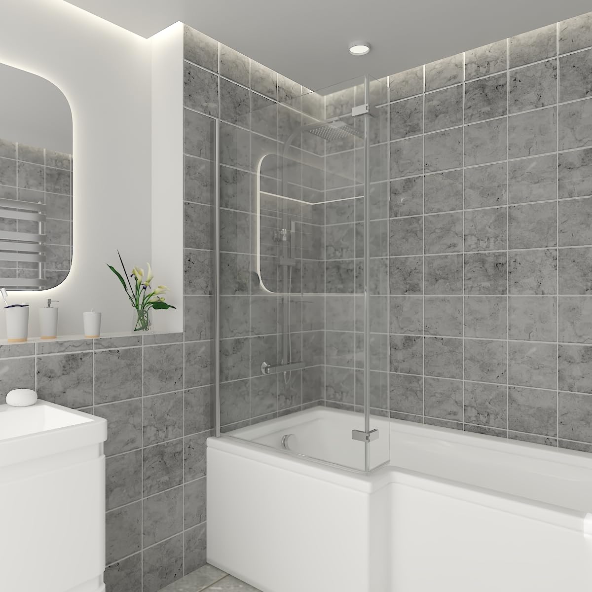 NRG 810 x 1400mm L Shaped Bath Screen with Hinged Return Chrome Framed Safety Glass — image 1