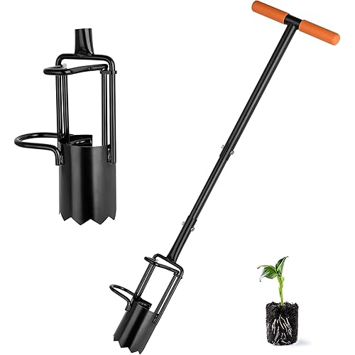 Bulb Planter Tool Long Handle, Tulip Bulb Planter Tool with Serrated Base & Double Pedal, Soft T Grip Sod Plugger, Heavy Duty Bulb Planter Tool for Digging Holes Sowing Plant Bulb