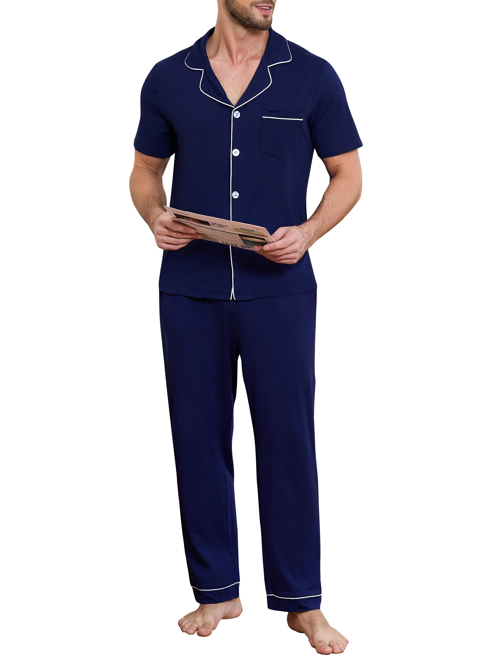 Lovasy Schlafanzug Herren Lang Baumwolle Pyjama Set mit Knöpfen Kurzarm Schlafanzüge für Herren Zweiteiliger Loungewear Hausanzug mit Taschen