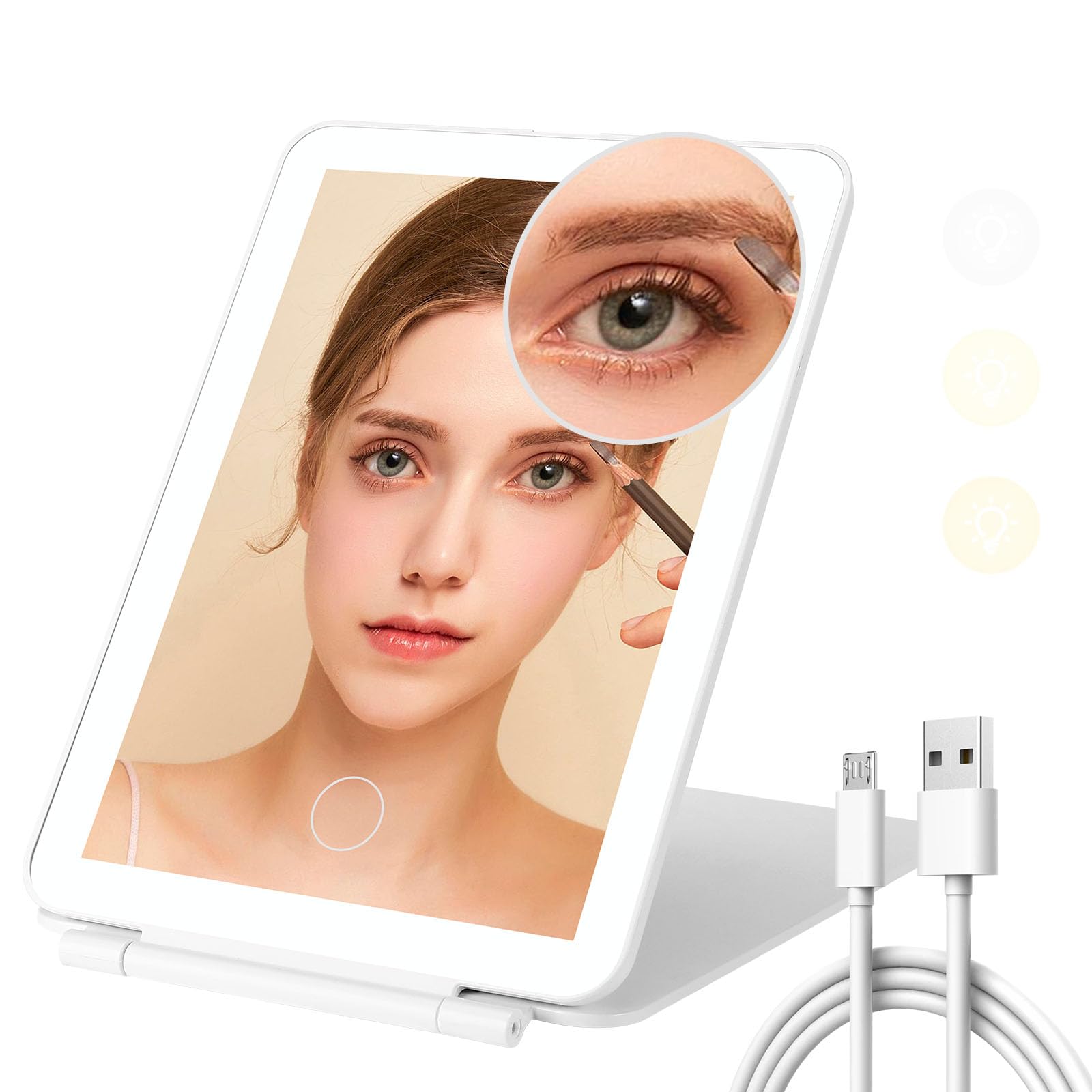Farerkass Espejo Maquillaje con Luz Portátil Plegable, 3 Colores de Luz, Interruptor Táctil, Brillo Ajustable, Espejo Tocador con Luz Incluye Espejo Aumento 10x para Doméstico, Viajes (Blanco)