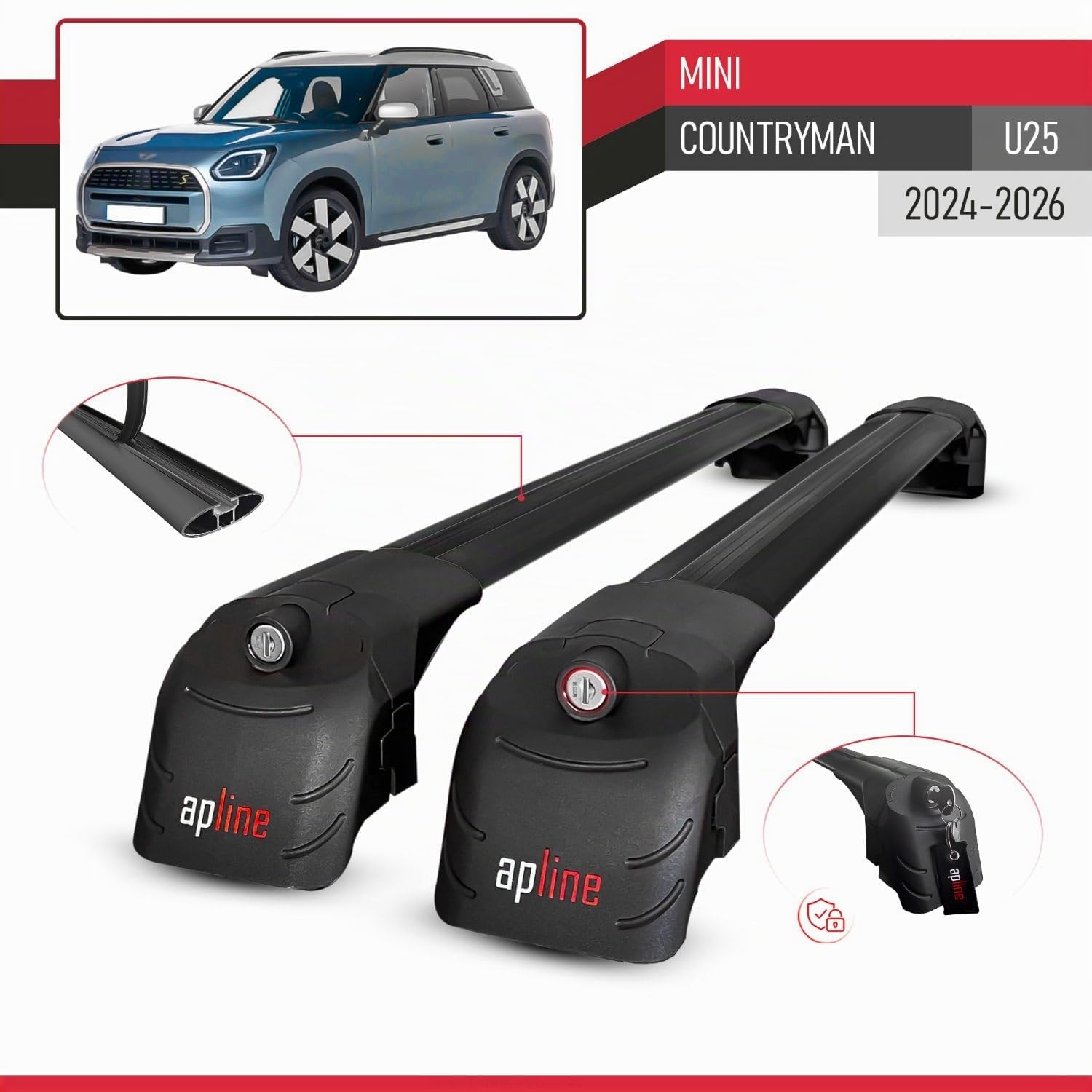 Compatibile con Mini Countryman (U25) 2024-2026 Modello ACE-2 Barre Tetto Portapacchi Auto Barre Portatutto Nero Alluminio 2 Barre