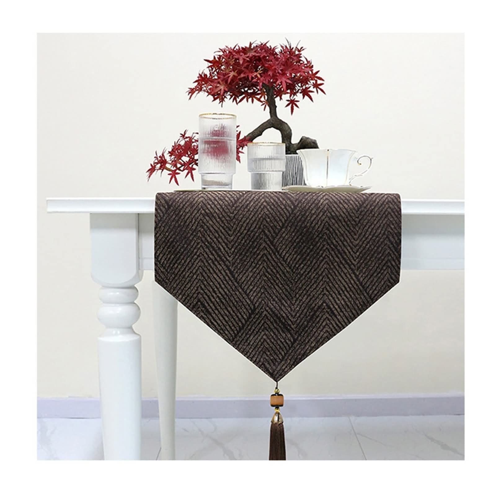 Tischläufer Herbst, Tischdecke Vintage aus Baumwolle Quasten Jacquard V Muster Braun 35x228CM für Feiertage Küche Hochzeit Dekor