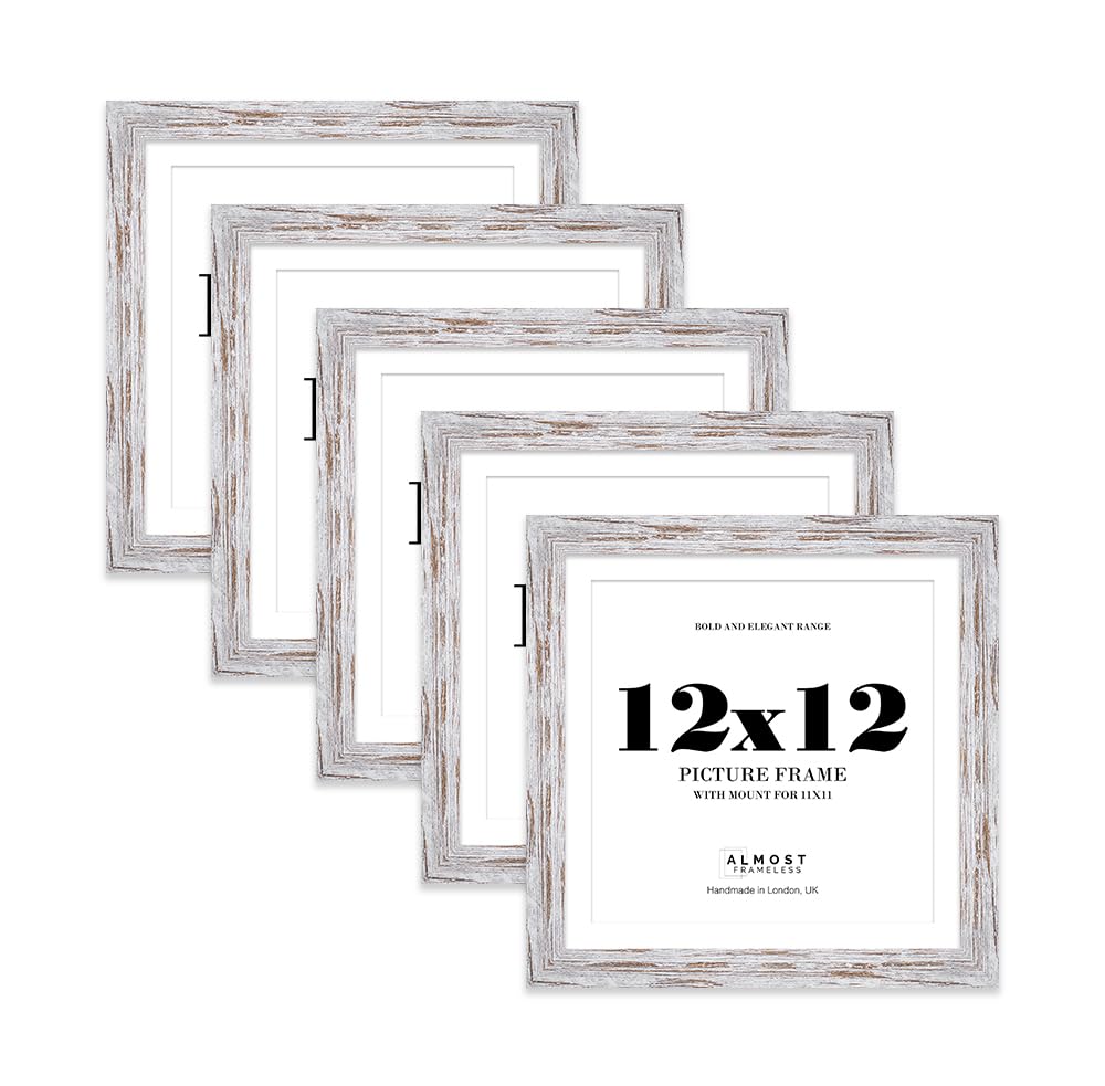 12x12" Distressed Wood Square Frame With Mount for 11x11" Pictures 28mm Edge Frame Display with Wall Hooks and Kickstand, 5 Pack
