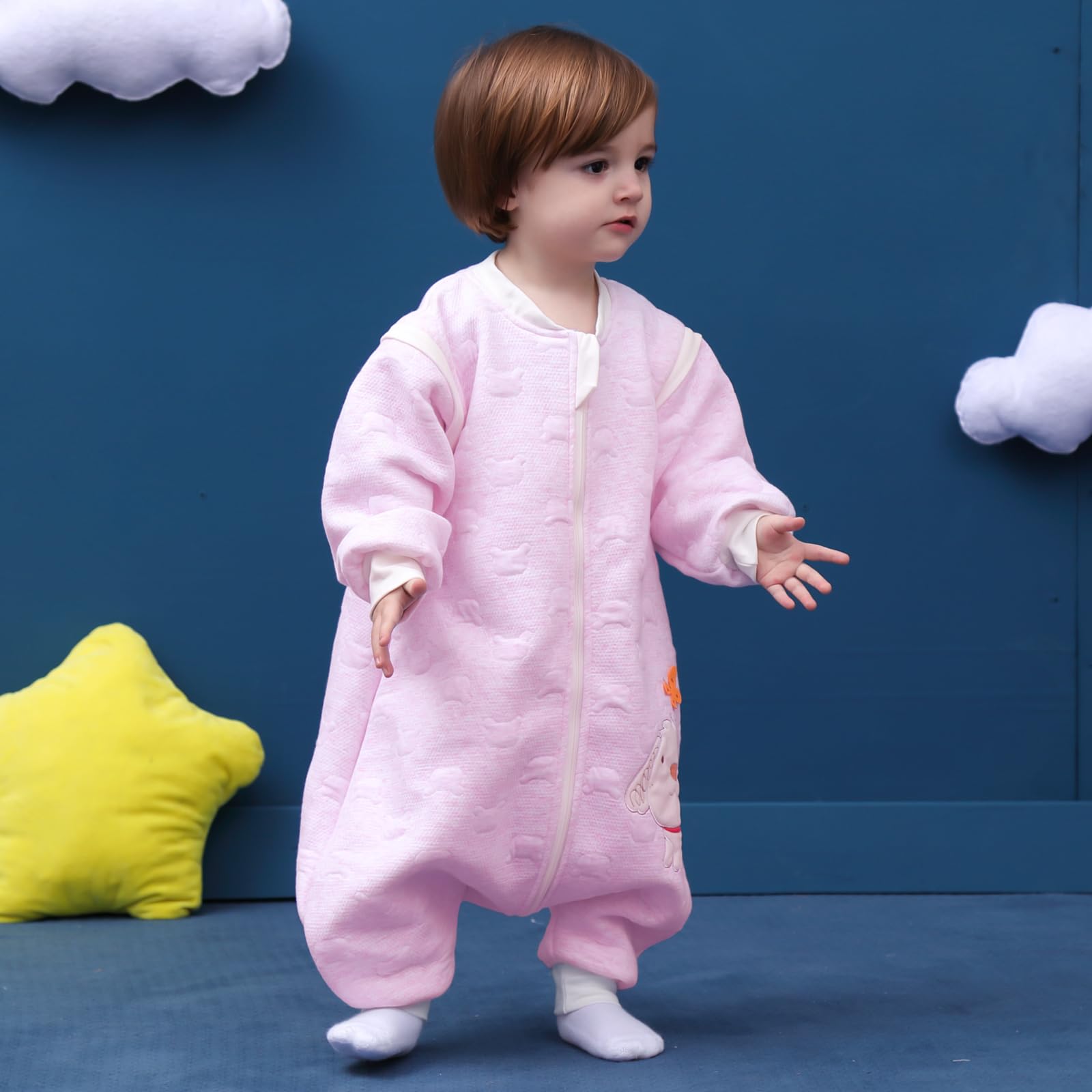 Sacco nanna invernale a maniche lunghe, per bimbe e bimbi, con aperture per i piedi e motivo di cagnolino, in cotone, unisex, per tutto l'anno, Rosa 36-48 Monate
