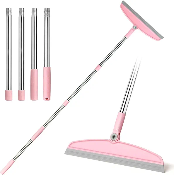 OOOFLOWER Multifunction Silicone Broom, 54 Inch Adjustable Long Handle Rubber Magic Broom Sweeper for Floor Bathroom Kitchen Shower Pet Hair Glass(Gray Pink)