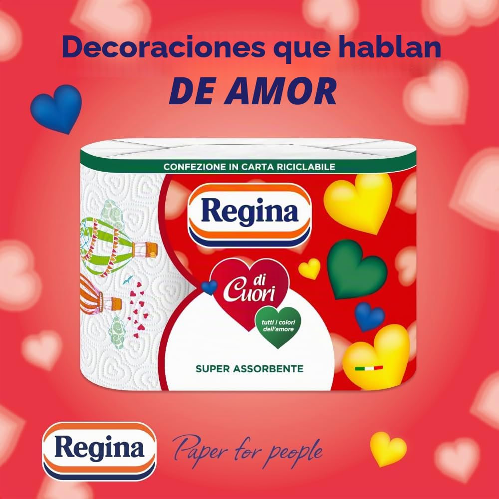 Paquete de 30 rollos de papel de cocina con diseño de reina de corazones. 50 hojas por rollo. Gran absorción, grueso y resistente. Papel 100% certificado FSC®.