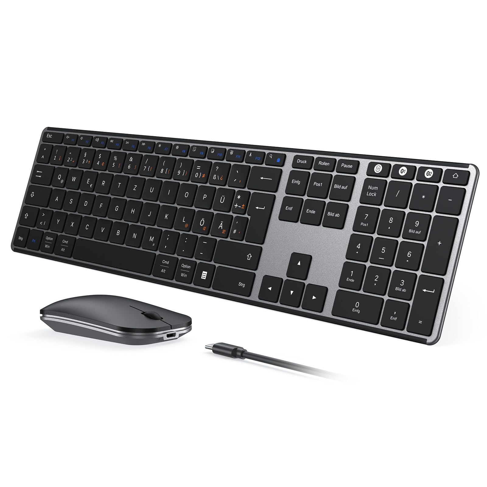 seenda SKM64-3 Bluetooth Tastatur mit Maus, Tastatur Maus Set Kabellos für Windows/Mac/iPad/Android | Ultradünne Tastatur + Leise Funkmaus | 3 Geräte Verbindung, QWERTZ Layout(Grau)