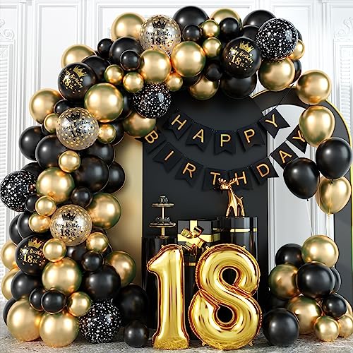 18th Birthday Decorations for Boys Black and Gold Balloons Garland Arch Kit with Number 18 Foil Confetti Balloon Happy Birthday Bunting Banner Black Gold Party Decor for 18 Years Old Men Anniversary