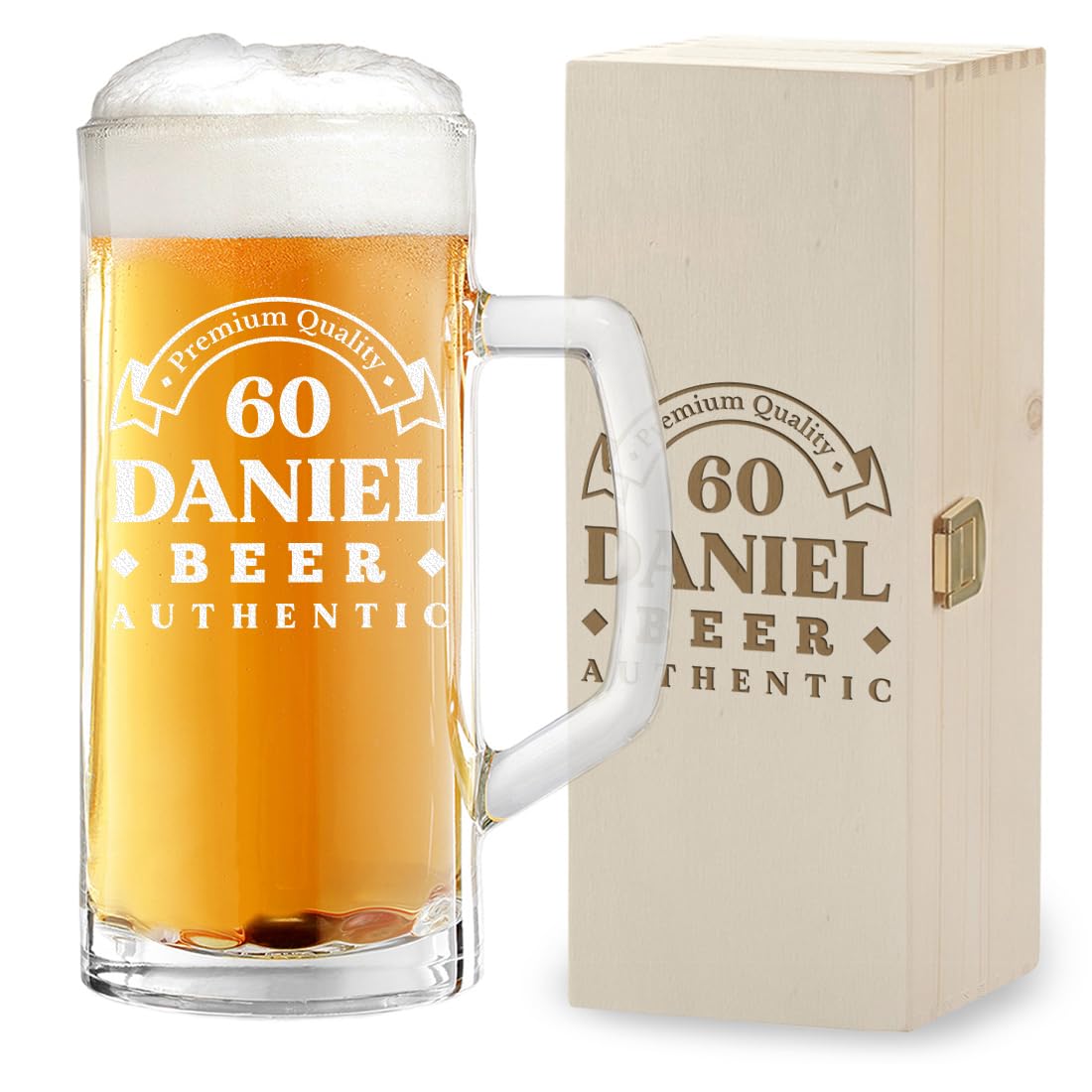 Coffret cadeau 2 pièces : 1 chope à bière de 0,5 l et 1 boîte en bois avec gravure pour homme – Cadeau d'anniversaire – Cadeau de fête des pères – Verre à bière avec trait de remplissage – Pour tous