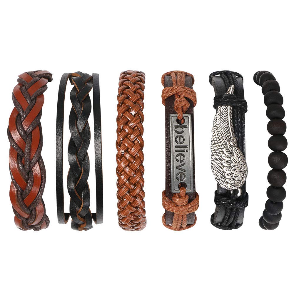 flintronic Pulsera Hombre, 6 Piezas Personalidad Retro Tejida Pulsera de Traje de Cuero Multicapa, Pulseras Retro, Moda Pulsera de Cuero Brazalete Trenzado Roccia Punk, Ajustable
