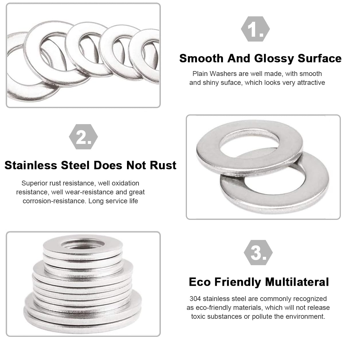 Serplex® 304 Stainless Steel Flat Washers for Screws Bolts, Assorted Washers for Screws Flat Washers for Screws, Assorted Hardware Lock Metal Washers Kit (8 Sizes-M2 M2.5 M3 M4 M5 M6 M8 M10) - Image 4 thumbnail