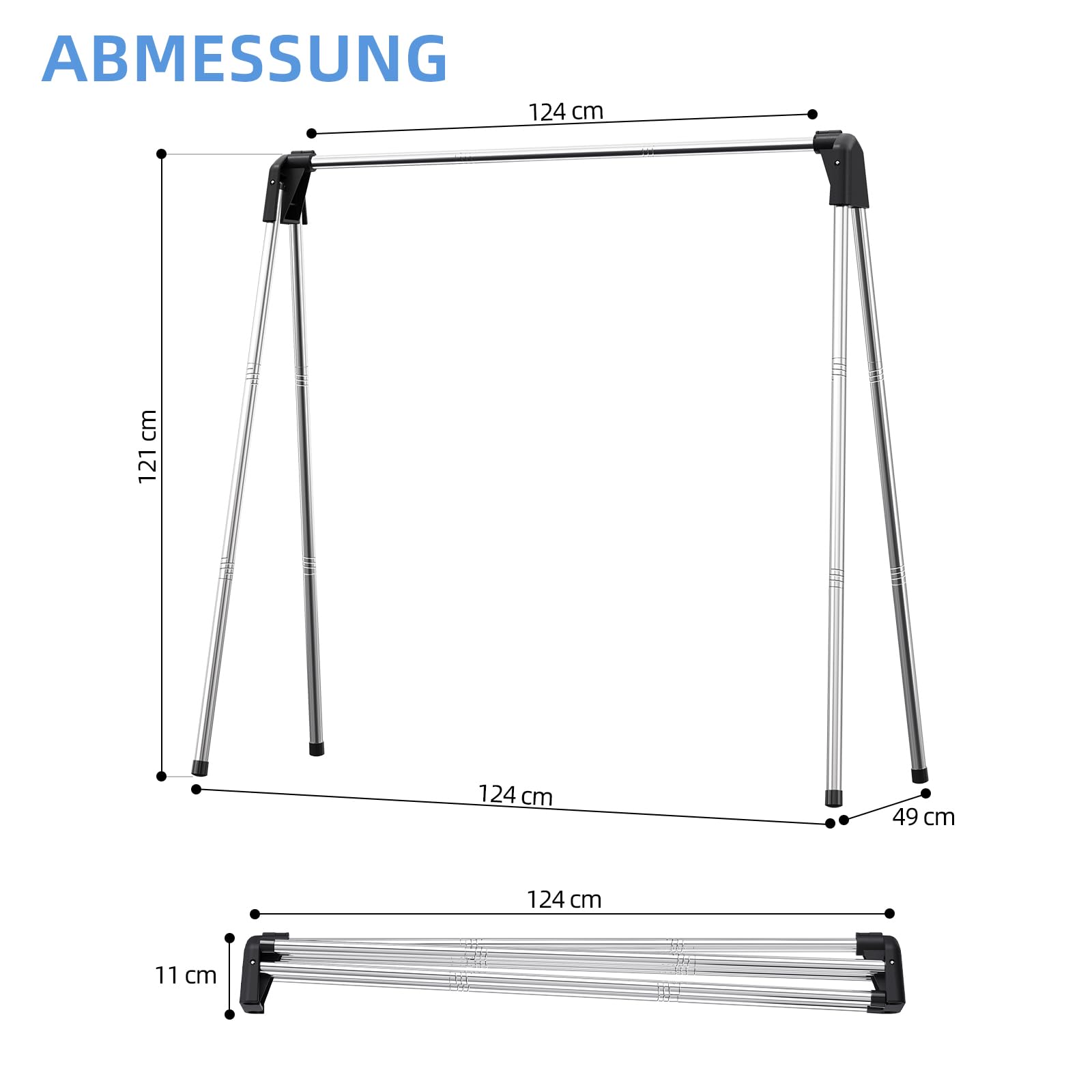 SYKIARIOL Wäscheständer, waeschestaender für platzsparende Aufbewahrung, Wäscheständer Klappbar aus Edelstahl, kleiderständer zusammenklappbar für Reisen, Camping, Lange Wäsche, 140cm hoch