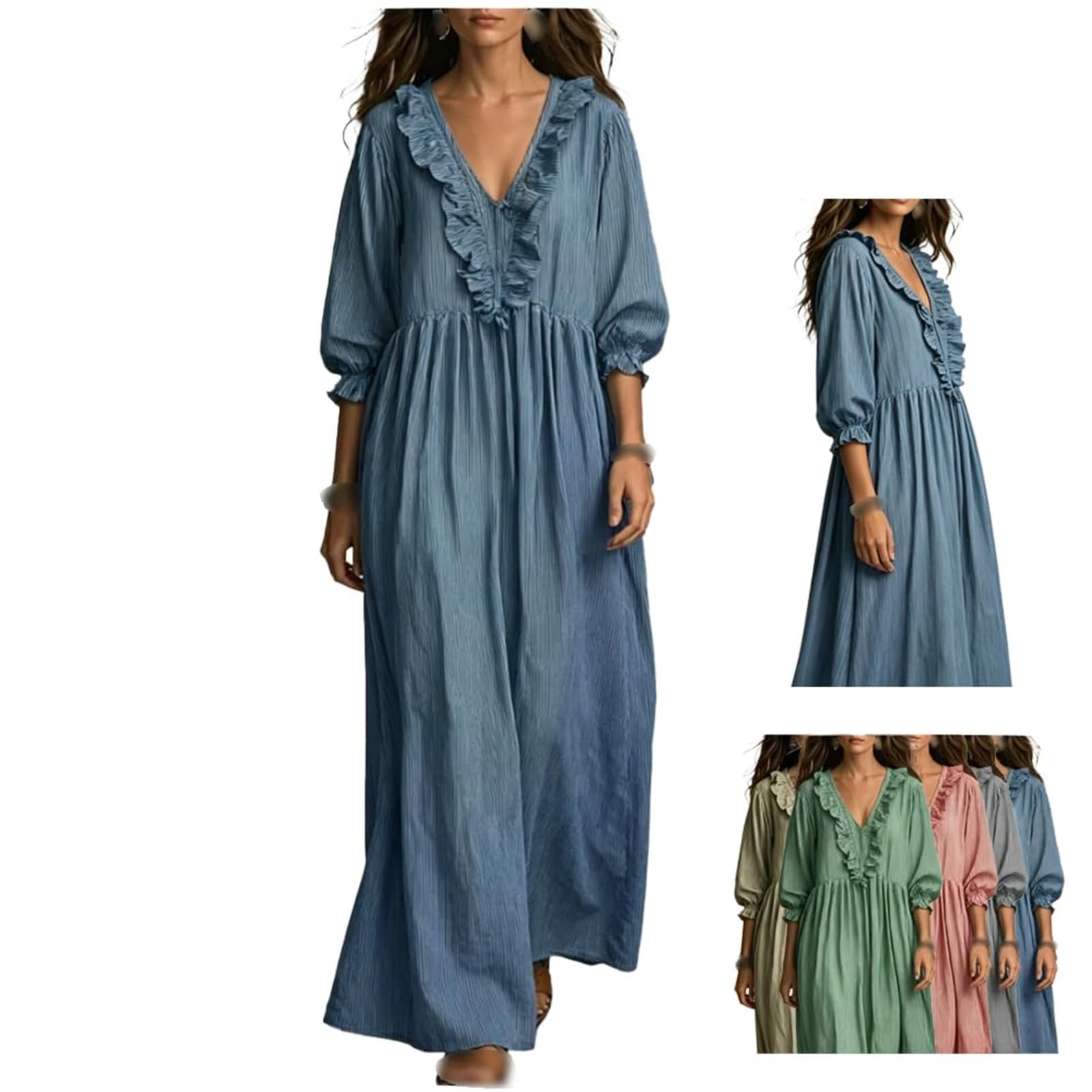 Maxi Abito da Donna Ampio e Fluido, a Righe con Stampa Artistica, Scollo a V, Maniche a Sbuffo con Ruches – Maxi Abito Casual ed Elegante a Righe con Ruches