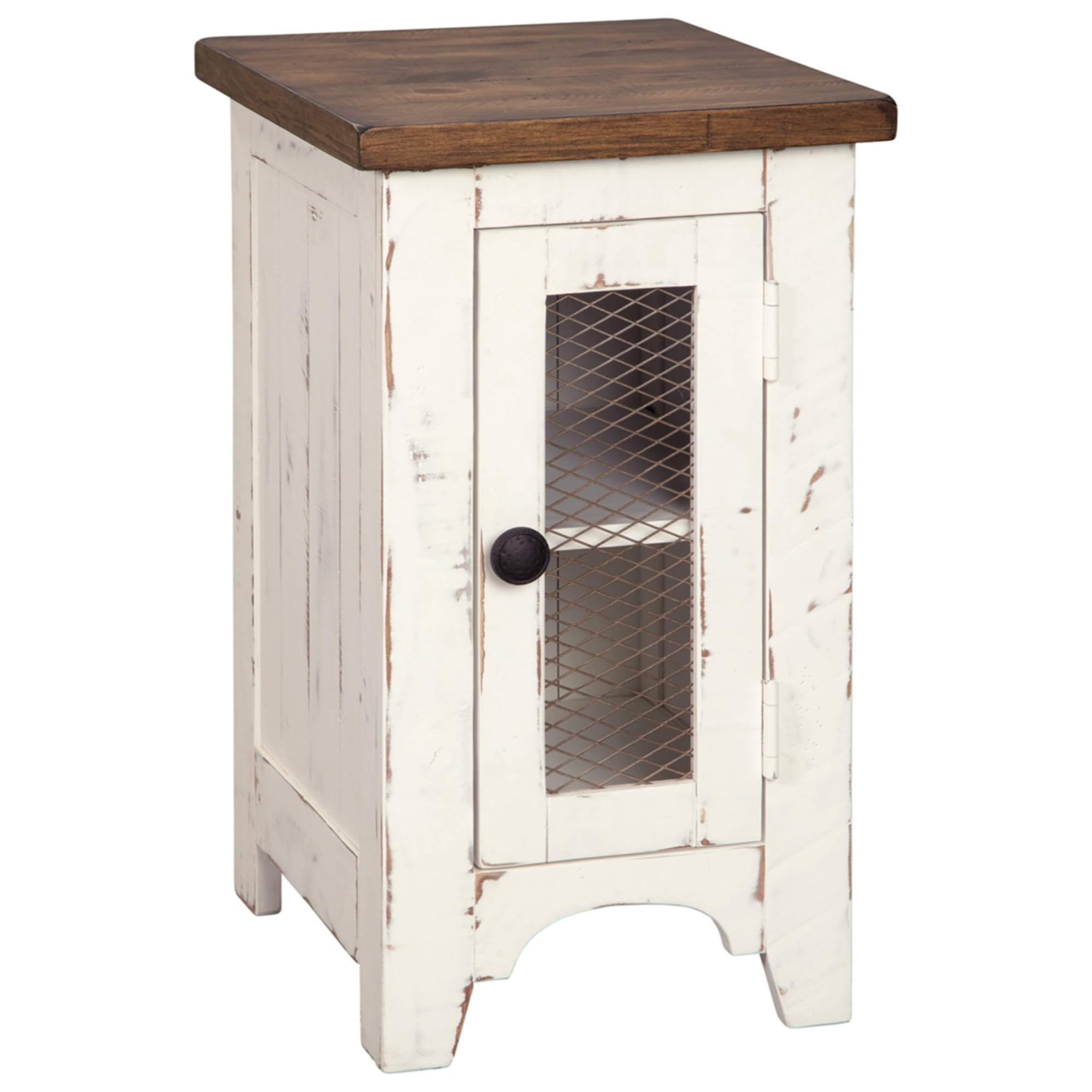 Signature Design by Ashley Wystfield Farmhouse Chair Side End Table with Cabinet Door for Storage, White & Brown with Distressed Finish