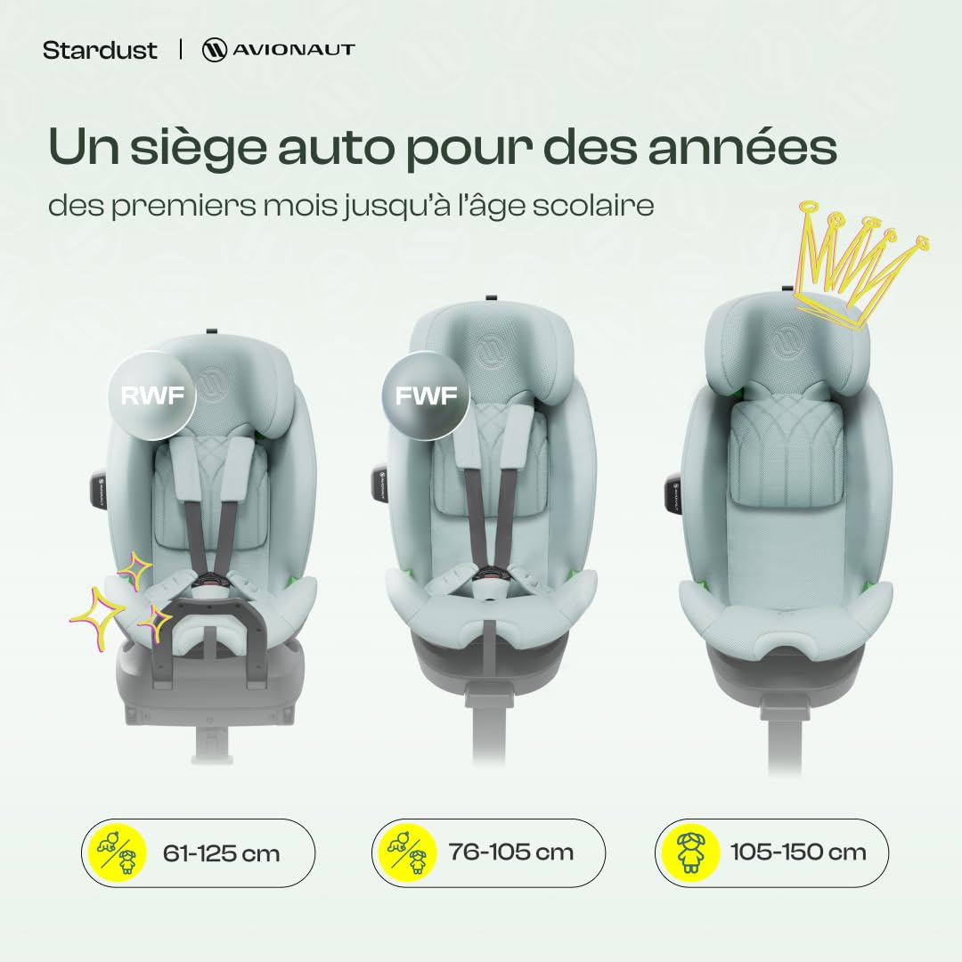 Avionaut Stardust 360° testé par ADAC, Siège auto enfant pivotant Groupe 1/2/3 61-150 cm | I-Size, installation dos et face à la route, inclinable, respirant – de la naissance à 12 ans