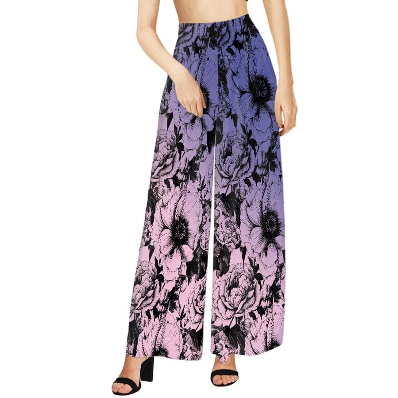 Irisjudy Womens High Waist Wide Leg Pants Flowers Floral Petite Size Palazzo Pants Abstract Color Fluid Art Lounge