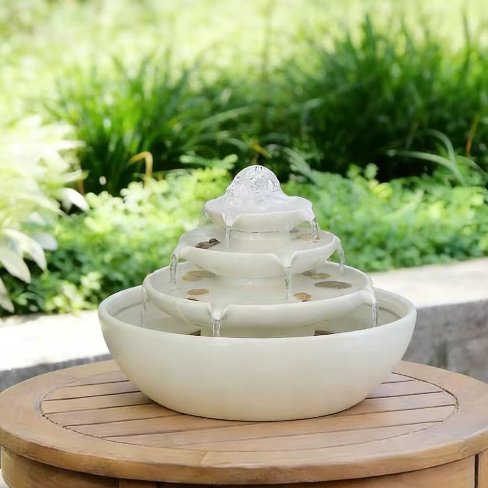 Ceramic Tabletop Fountain with Ball for Indoor Table Desk Office Patio (White A200)