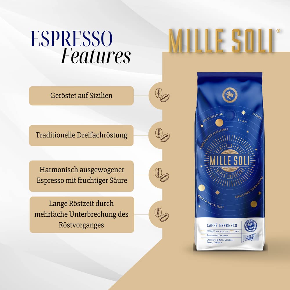 MilleSoli Caffè Espresso – ziarna espresso 1 kg – tradycyjne potrójne palenie ręczne – ziarna kawy premium z perfekcyjnym kremem i wyjątkowo niską kwasowością do w pełni automat i sitko