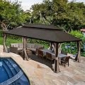 Domi Hardtop Gazebo 14x22FT, Outdoor Gazebo with Galvanized Steel Double Roof, Aluminum Frame, Built-in Gutter System, Curtain and Netting, Metal Gazebo Pavilion for Patio Deck Garden, Brown