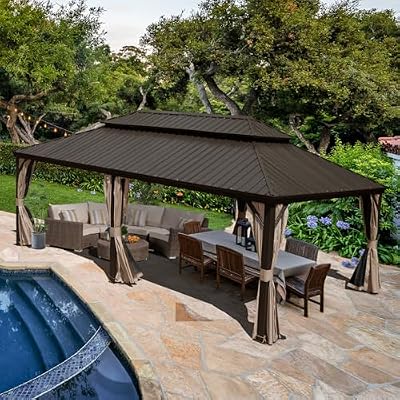 Domi Hardtop Gazebo 14x22FT, Outdoor Gazebo with Galvanized Steel Double Roof, Aluminum Frame, Built-in Gutter System, Curtain and Netting, Metal Gazebo Pavilion for Patio Deck Garden, Brown