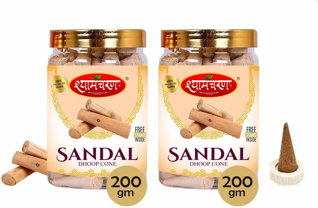 ShyamCharan Dhoop Cones for Daily Pooja Uses and Meditions, Non Charcoal and Bamboo Less Combo of 200 gm X 2 Pack Cones with Holder Stand Incense Sandalwood (280 Cones)