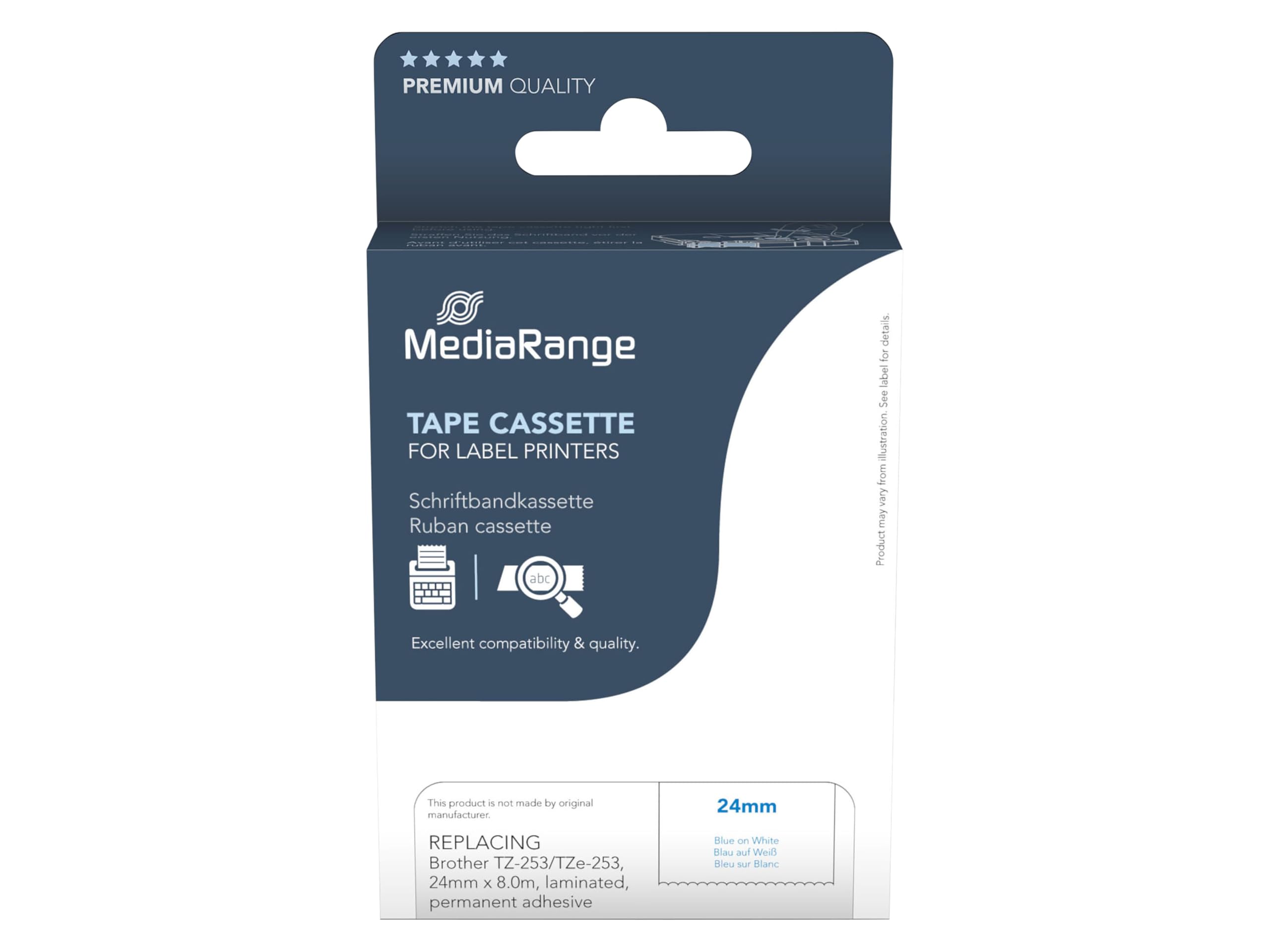 MediaRange Plastic Label Tape Cassette for/Replaces Brother TZ-253 / TZe-253 Permanent Adhesive 24 mm 8 m Laminated Blue on White