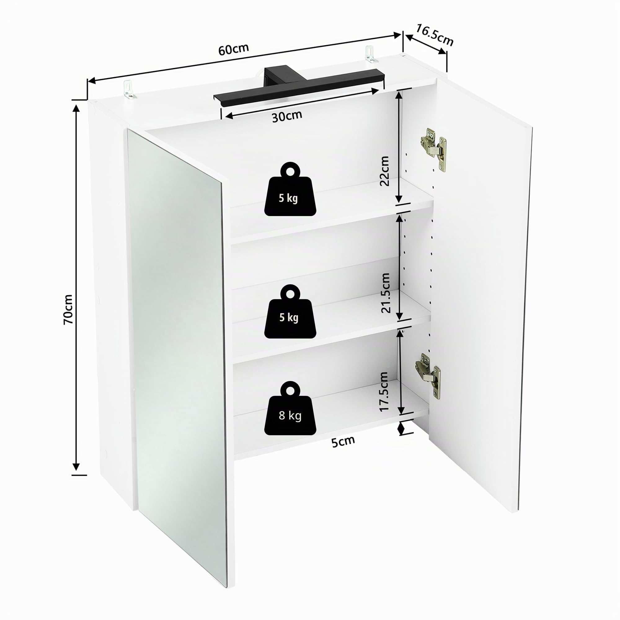 Mueble de Baño con Iluminación LED，Armario de Baño con Espejo, MDF, 60 x 16,5 x 70 CM, Estantes Ajustables, para Baño y Aseo, Blanco