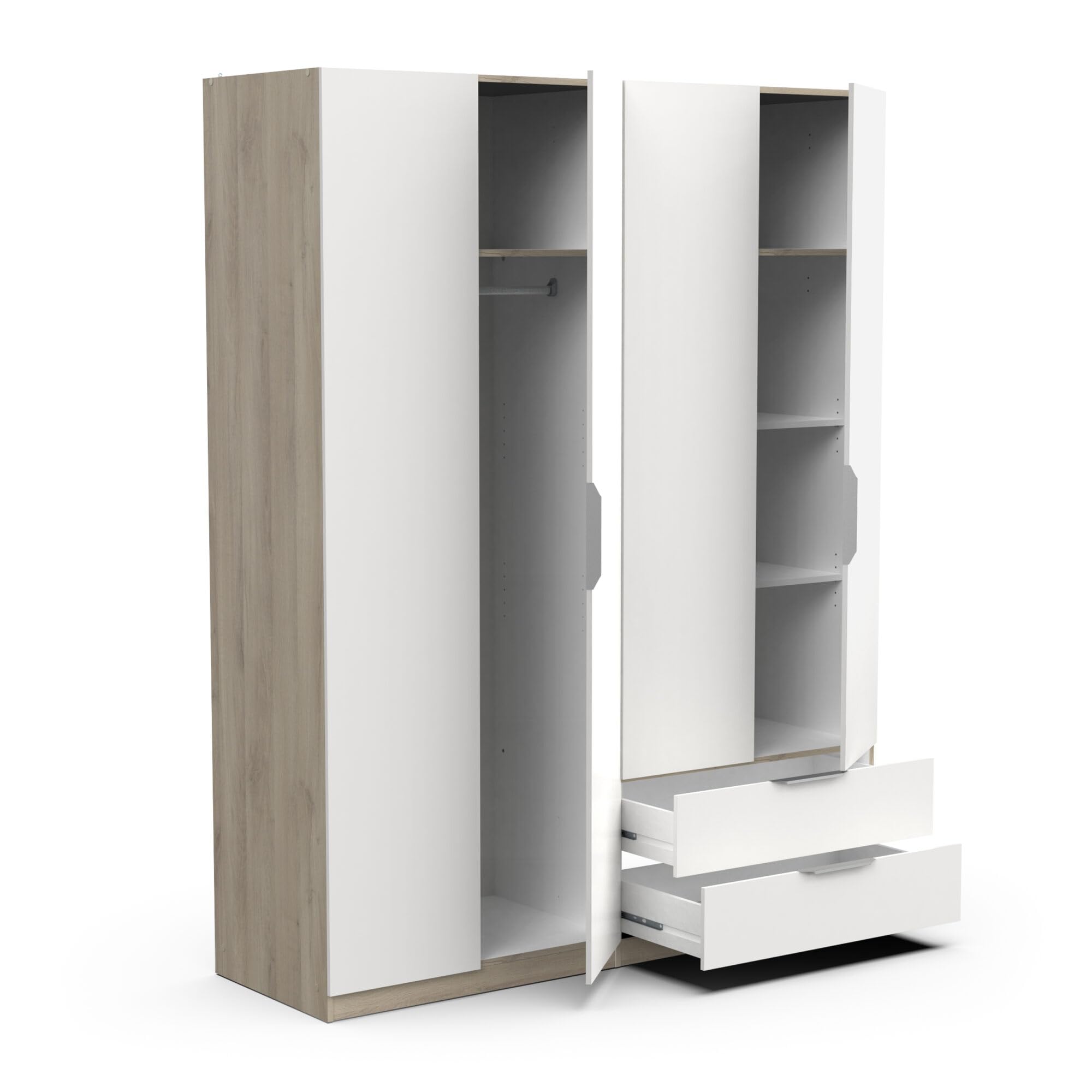 Demeyere 391384 Vestidor con Armario Moderno 4 Puertas 5 estantes 2 cajones, Color Roble Kronberg y Blanco Mate, 157,3 x 51,1 x 203 cm, Madera de ingeniería, Gris