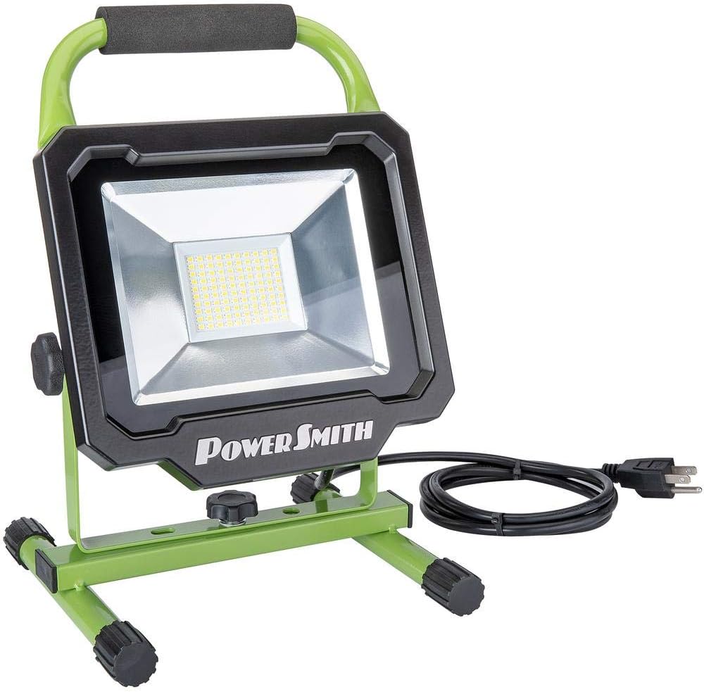 PowerSmith PWL150S 5000 Lumen LED Weatherproof Tiltable Work Light with Adjustable Metal Stand and Carrying Handle, Impact-Resistant Glass Lens, and 5' Power Cord PowerSmith PWL150S 5000 Lumen LED Weatherproof Tiltable Work Light with Adjustable Metal Stand and Carrying Handle, Impact-Resistant Glass Lens, and 5' Power Cord