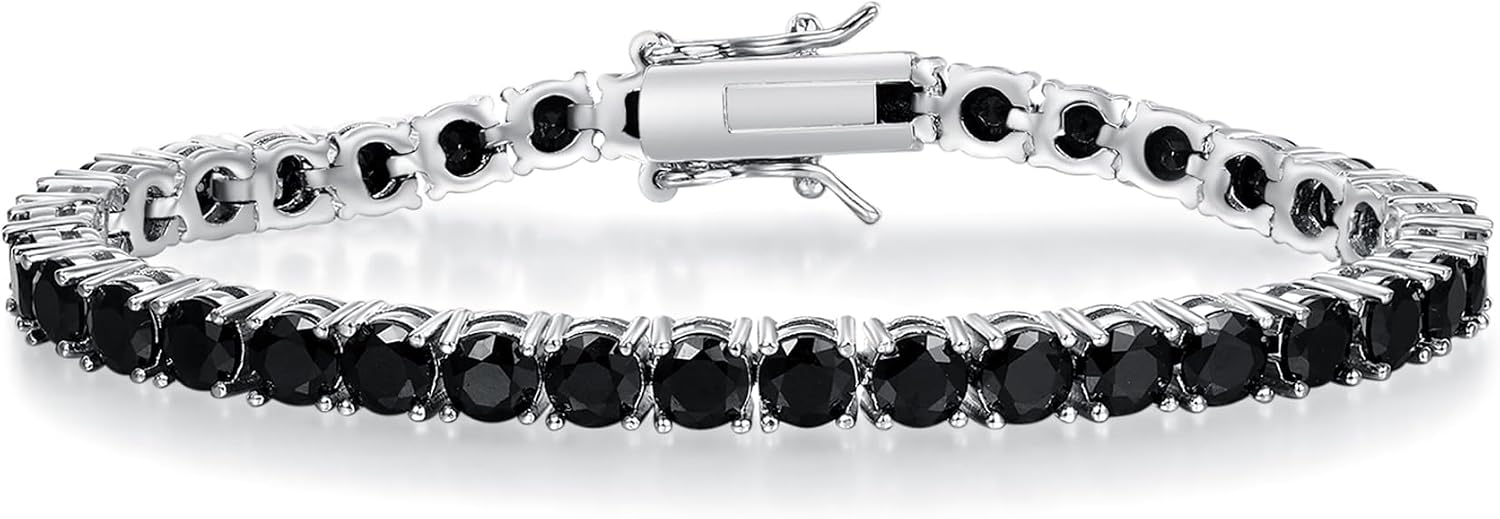 Gemsme Black Classic Tennis Bracelets for Women, 18K White Gold Plated Round Cubic Zirconia Tennis Bracelet for Women Mom Wife