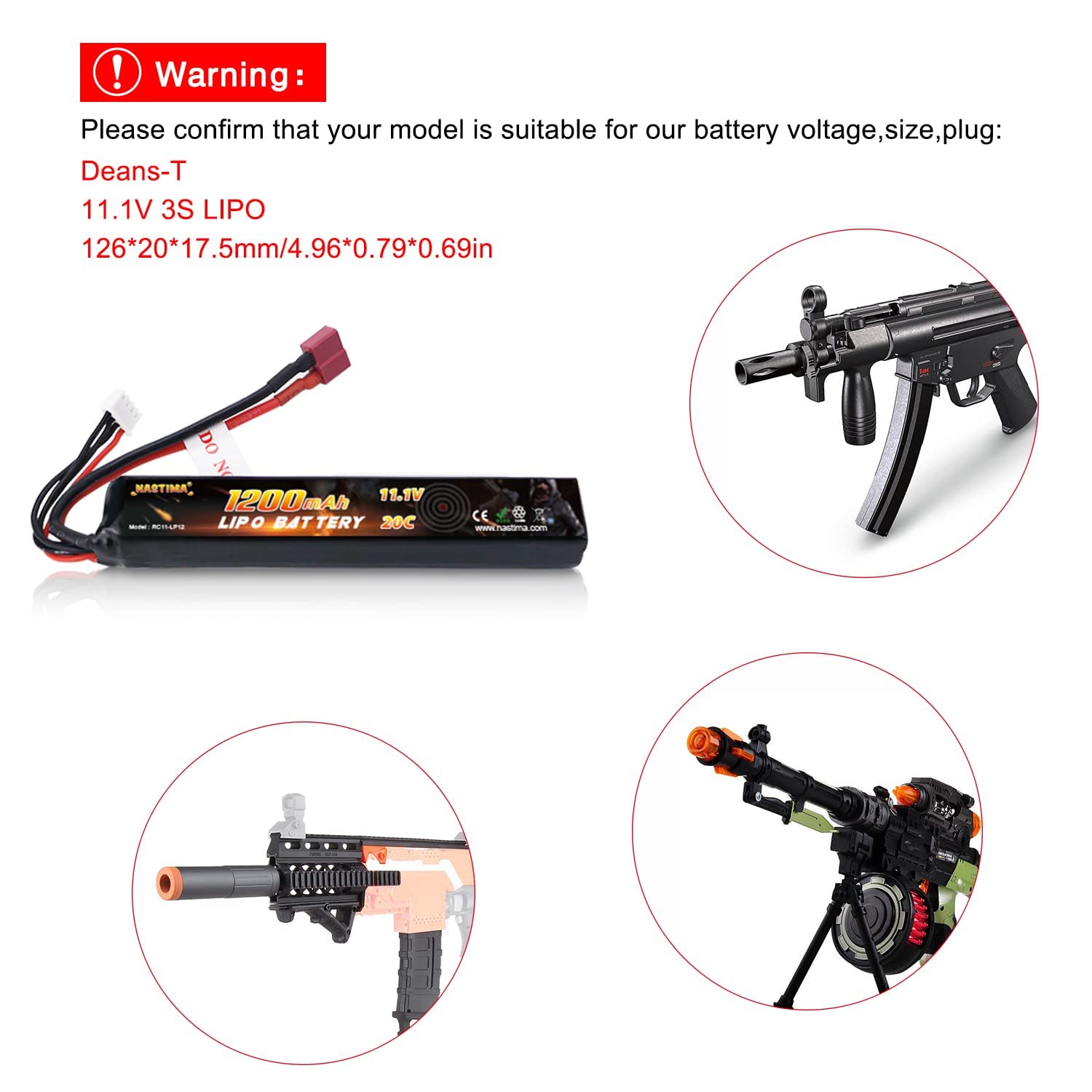 NASTIMA 11.1V 1200mAh Airsoft Stick Batteria, 3S 20C Lipo Batteria con Connettore Deans-T per Airsoft Guns AK47, MP5K, MP5, Scar, M249, AUG, AEG